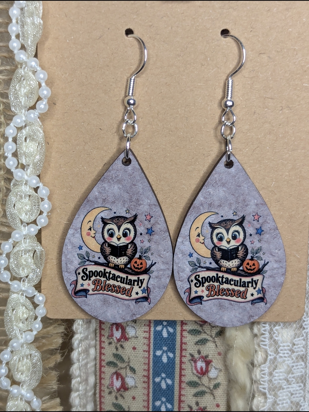 Spooktacularly Blessed Owl Teardrop Earrings - Grey